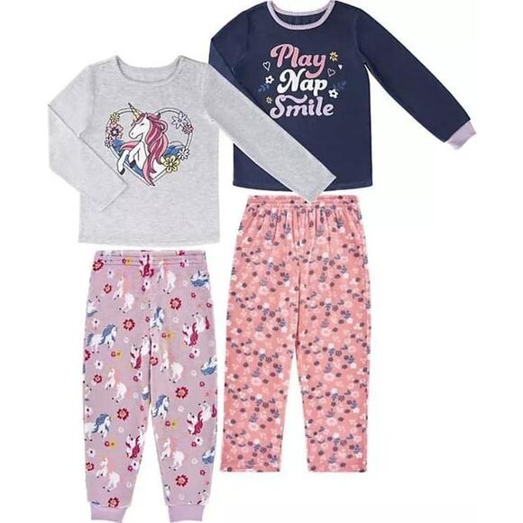 Members Mark New Girls 4 Piece Fleece PJ Set size 5 - Picture 1 of 8